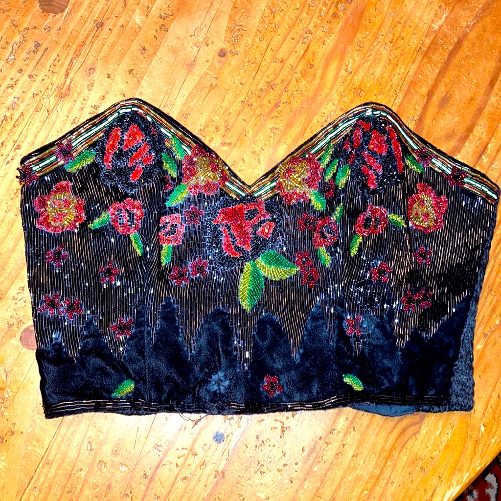 Gorgeous Sz S/M Velvet Hand Beaded Super Rare Vintage Bustier Back Hook & Boning